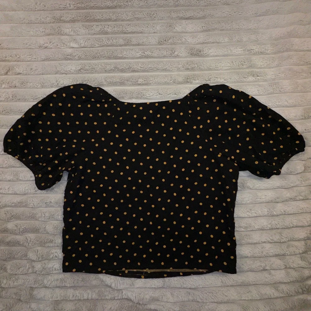 Madewell Womens Small Polka Dot Corduroy Faux Wrap Top Black Puff Sleeve Cottage
